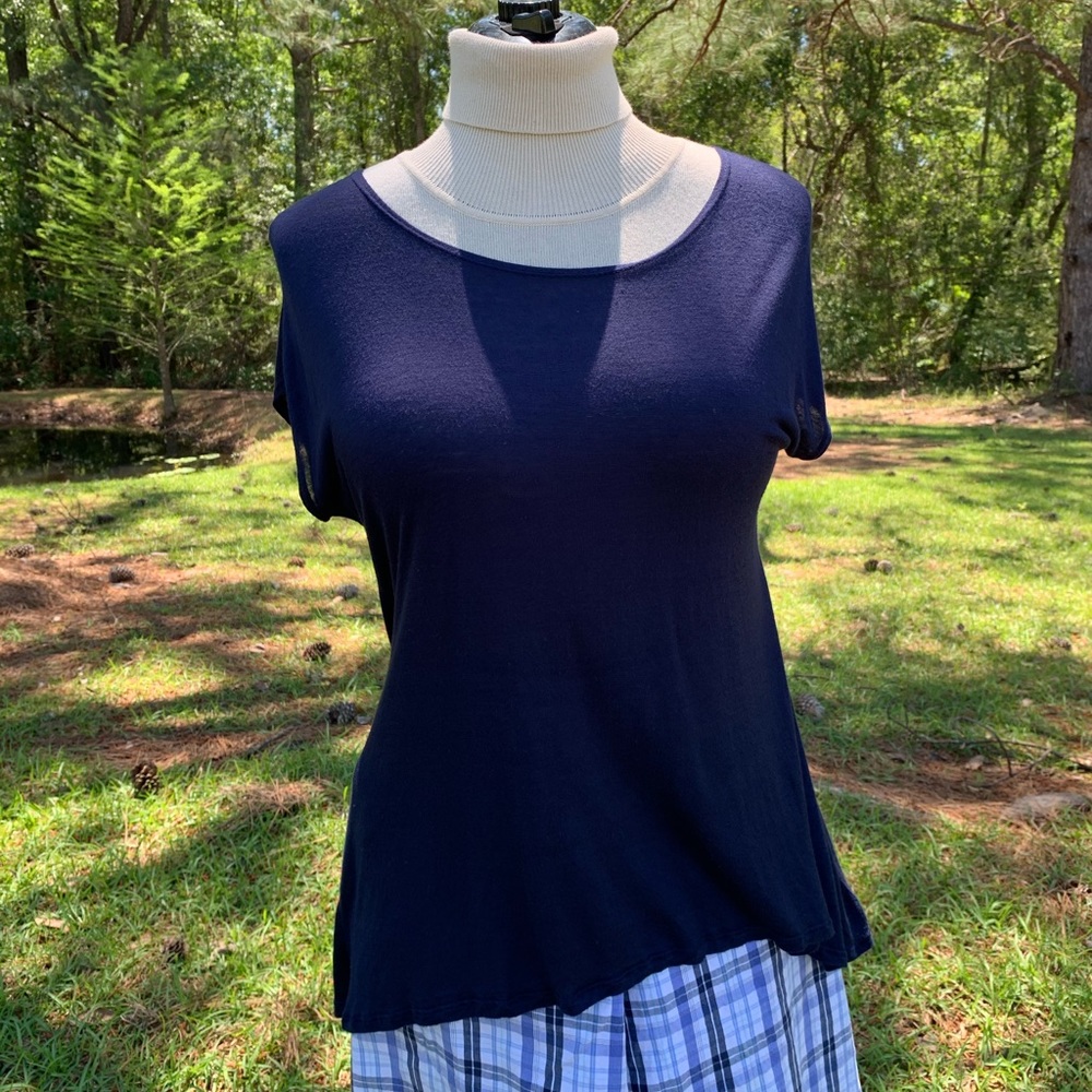 Navy Blue Shirt Women High Low Loose Fit Solid Top
